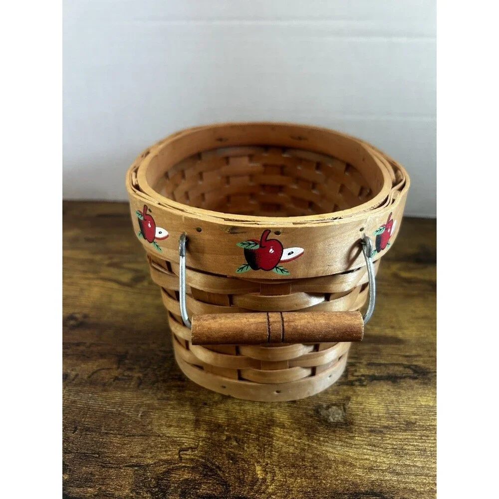 Apple Basket Oval Woven Wood w Wood Handles Vintage 10” Cottage Core Farmhouse